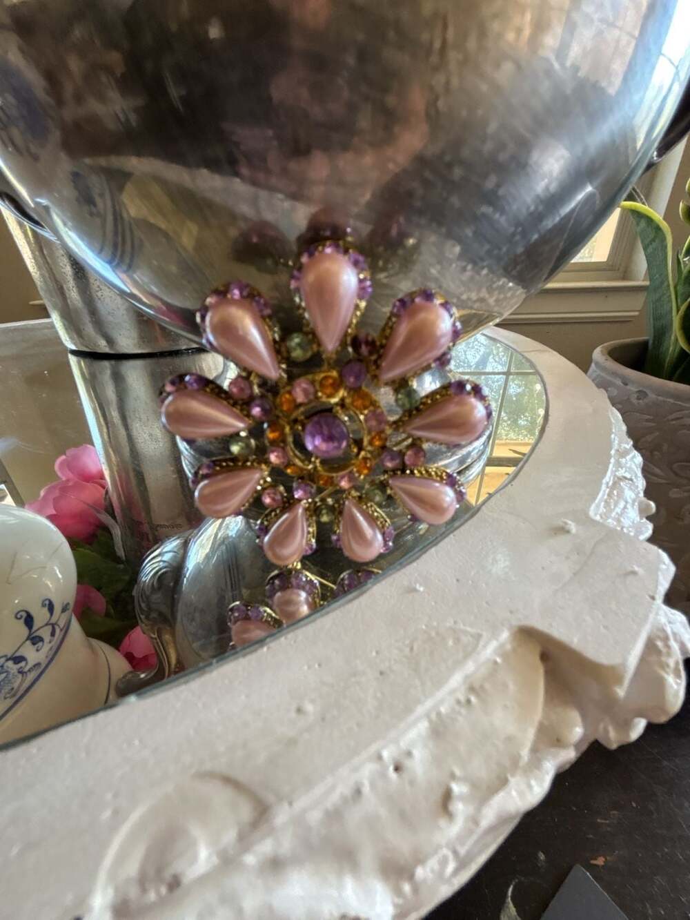 Vintage Floral Starburst Brooch with Pink Faux Pearl Petals and Purple Rhineston